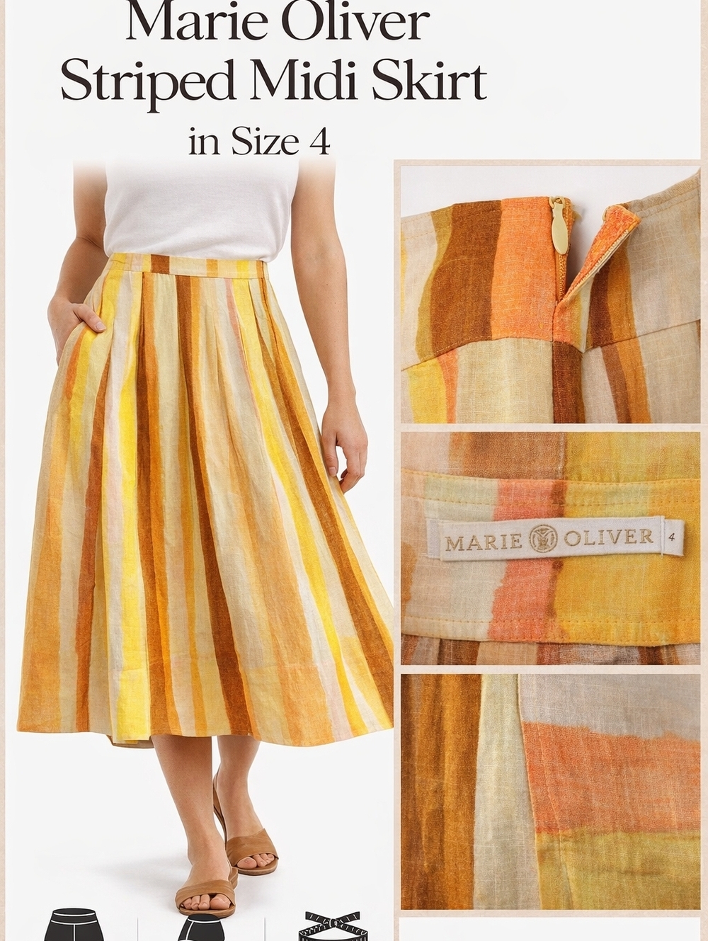 Marie Oliver Striped Midi Skirt Linen Blend Yellow Orange Summer Boho Size 4 - Picture 8 of 12